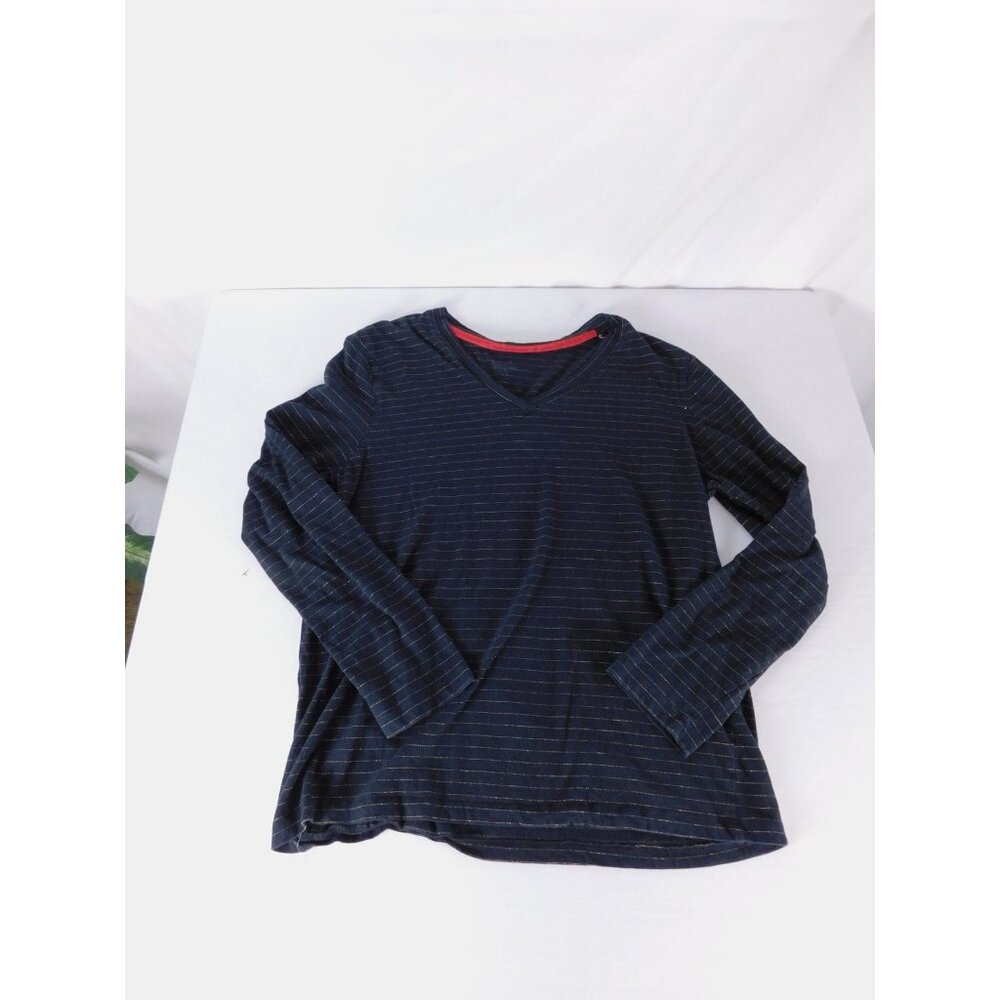 Navy Black Striped Glitter Shirt Womens Medium V Neck Long Sleeve Light Top